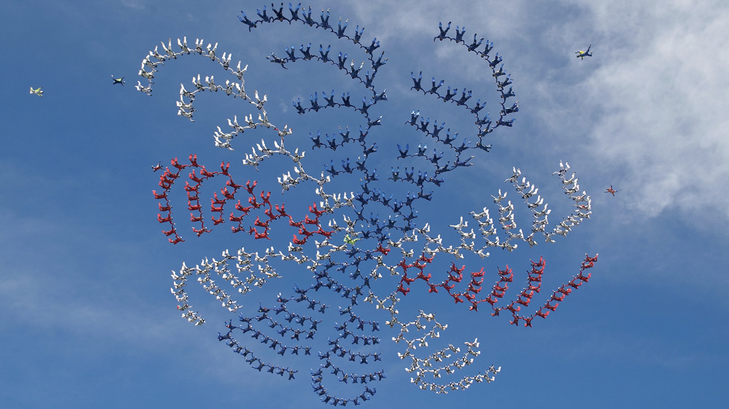 400 skydivers setting a world record in the air