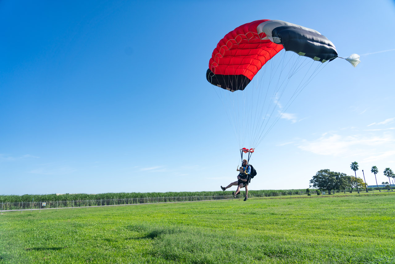 Tandem skydiving pair preparing to land in a grassy field at Skydive Palm Beach in South Florida