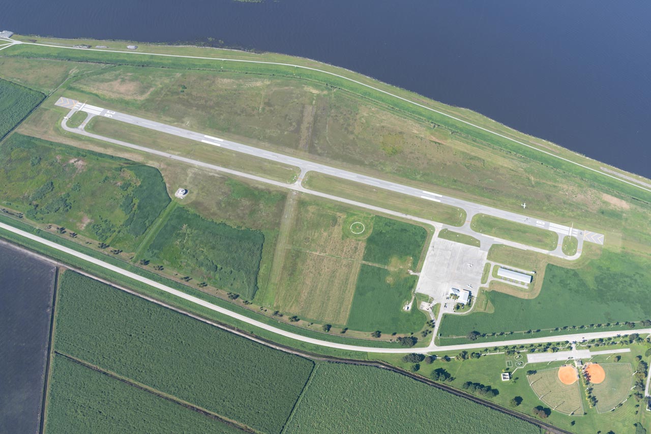 Aerial view of the runway and landing area at Skydive Palm Beach in South Florida