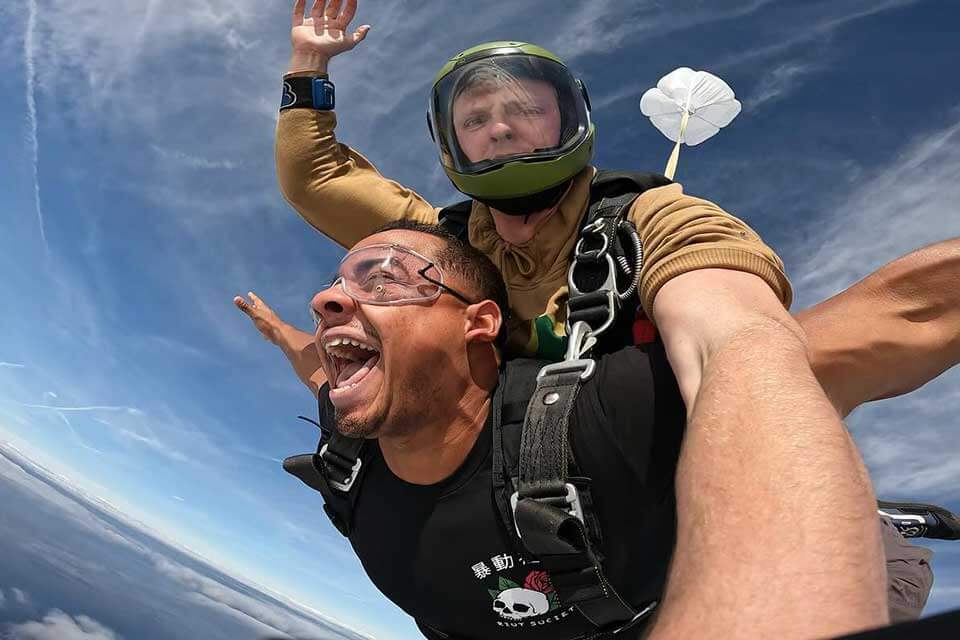 male tandem skydiving pair during freefall
