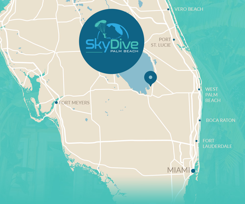 Map of Skydive Palm Beach location in relation to major cities in South Florida