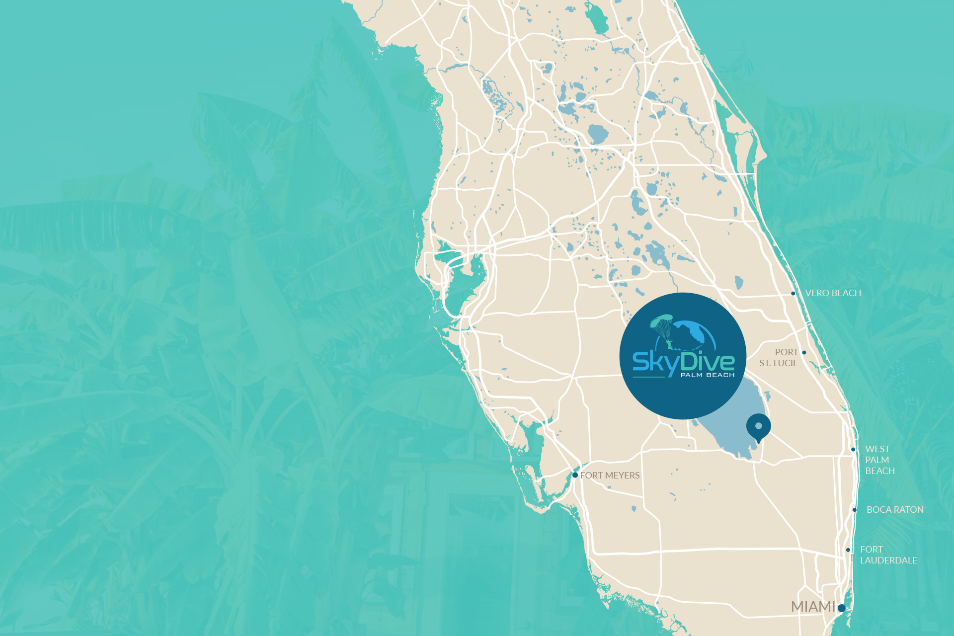 Map of Skydive Palm Beach location in relation to major cities in South Florida
