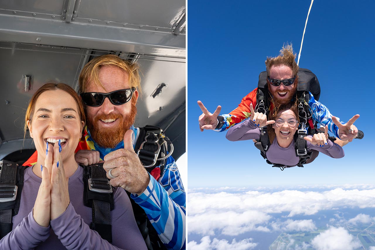 Tandem skydiving instructor and student in side by side photos before and during a jump